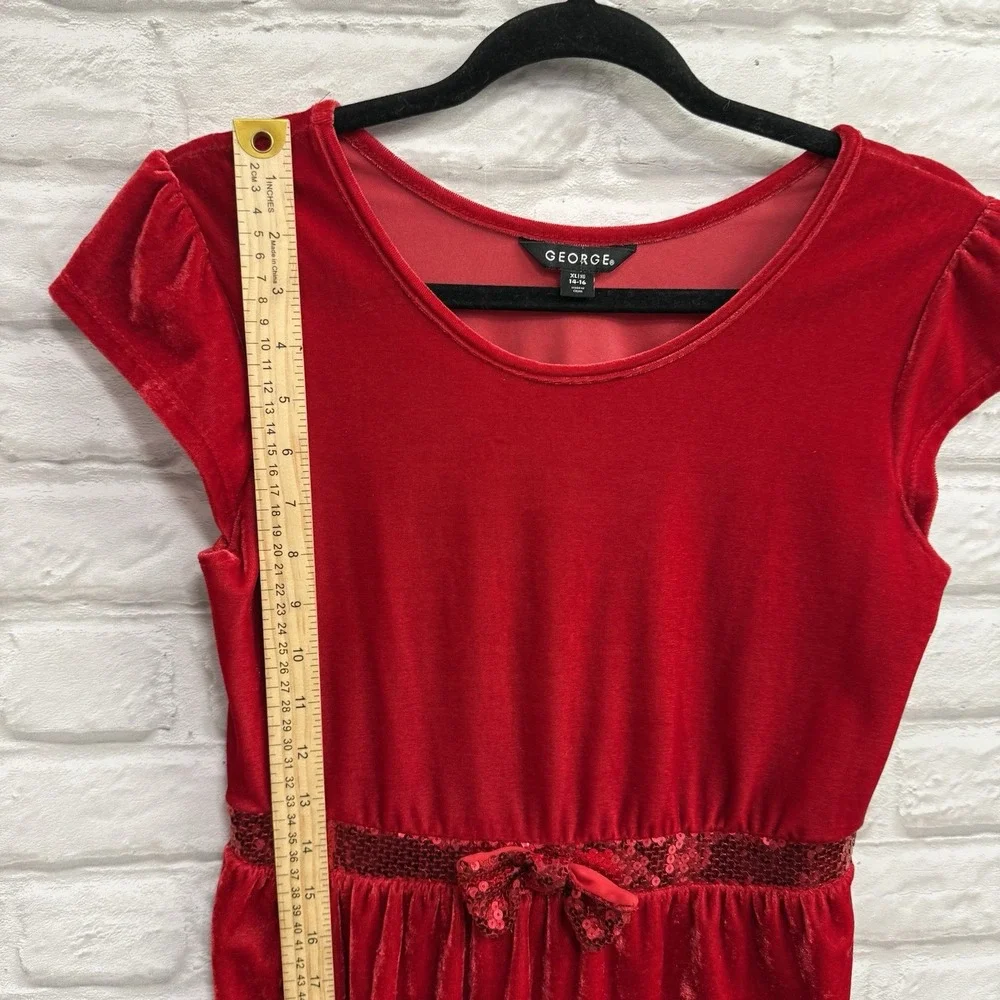 George Girls Sz 14/16 Red Velvet & Sequin Christmas Holiday Dress Formal  w/ Bow